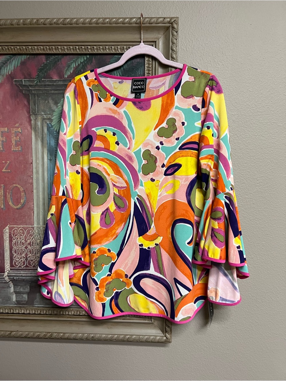 Coco Bianco Multicolor Abstract Bell Sleeve Top with Pink Trim